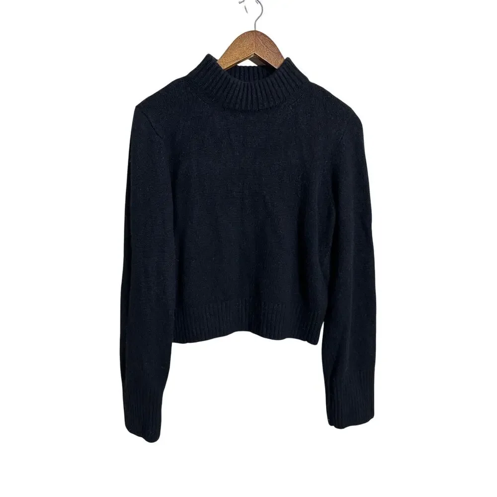 Lilysilk Ribbed Collar Hemline Wool Cashmere Sweater Black Cropped Mock Neck M